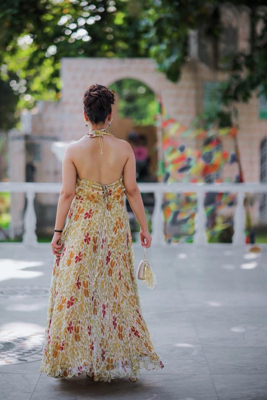 Zehra Floral Chiffon Halter Gown