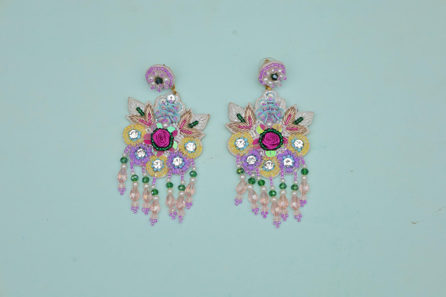 Handcrafted Floral Statement Earrings – Multicolor Embellished Danglers