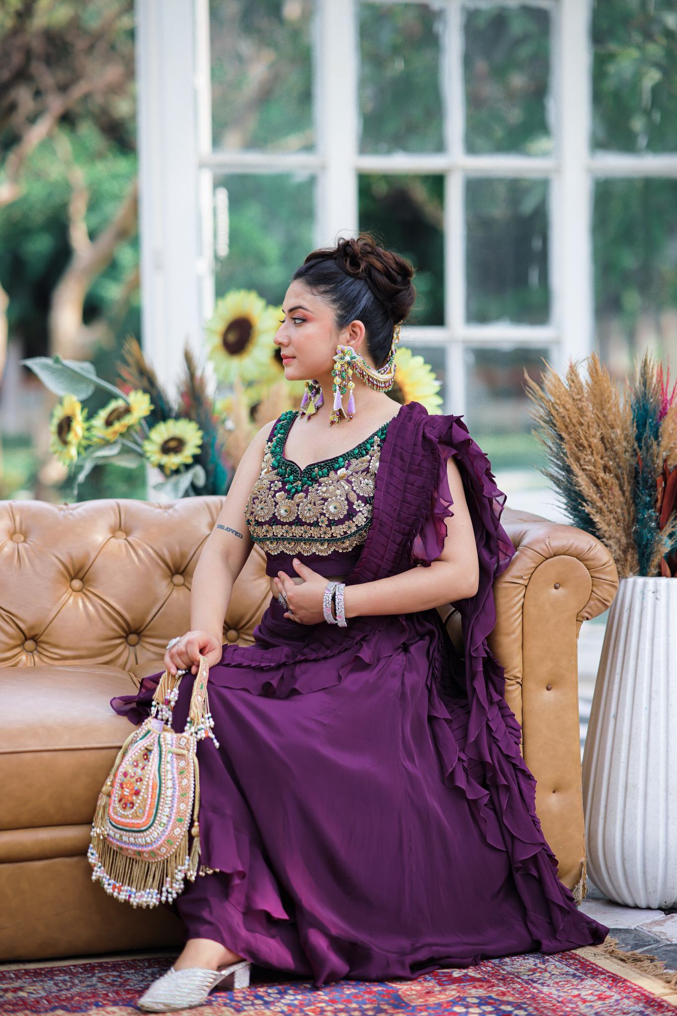 Royal Plum Ruffle Saree Gown