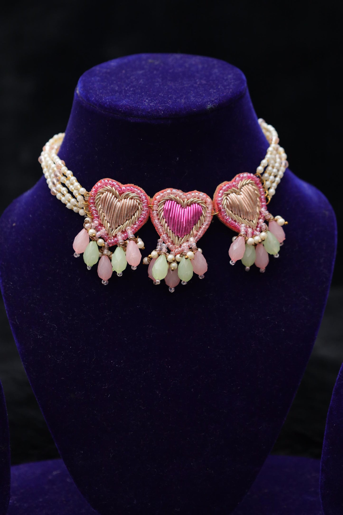 Pink Hearts Hand-Embroidered Jewelry Set