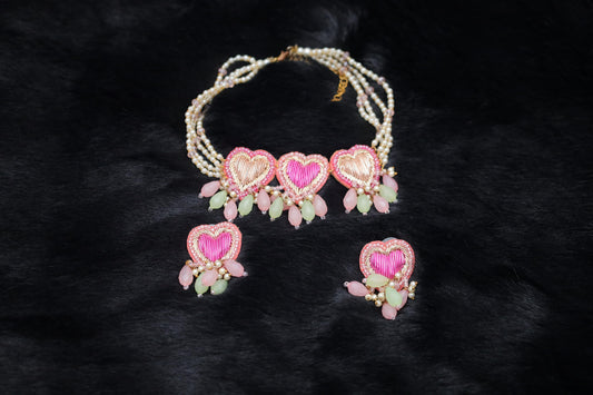 Pink Hearts Hand-Embroidered Jewelry Set