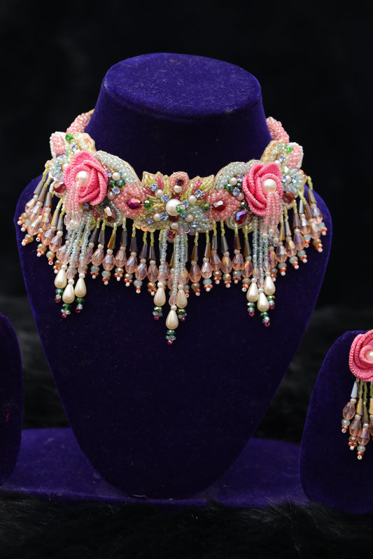 Blush Elegance Premium Beaded Choker & Earring Set