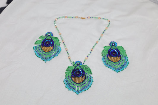 Peacock Glory Hand-Beaded Necklace & Earring Set