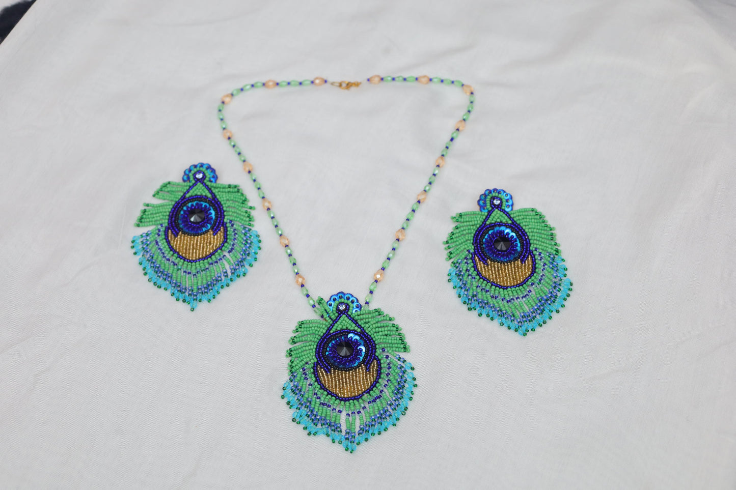 Peacock Glory Hand-Beaded Necklace & Earring Set