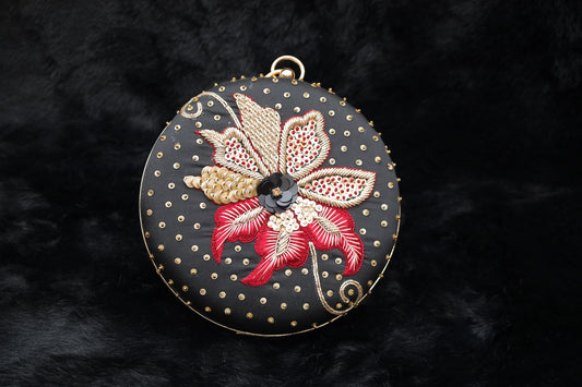 Black & Gold Floral Embroidered Clutch