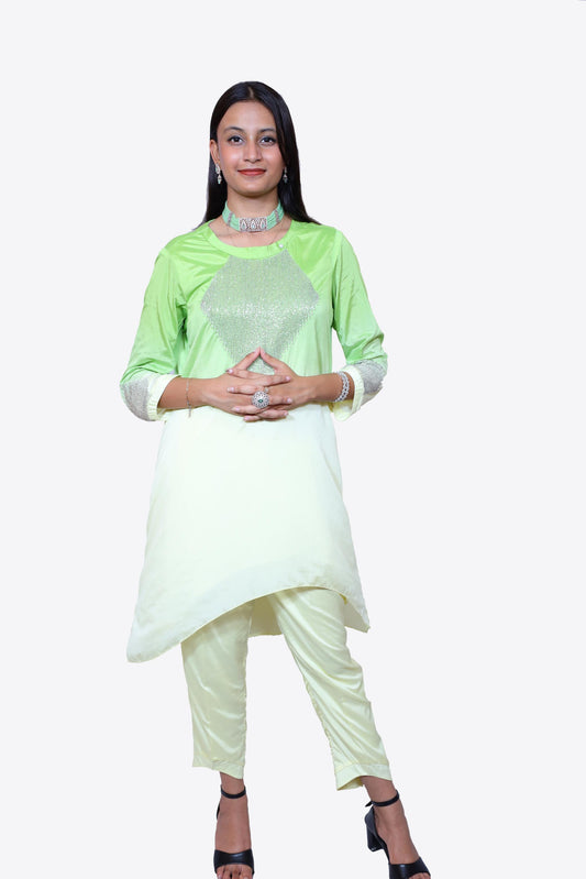 Lime Luxe– Ombre Crepe Co-Ord Set with Embellished Detail