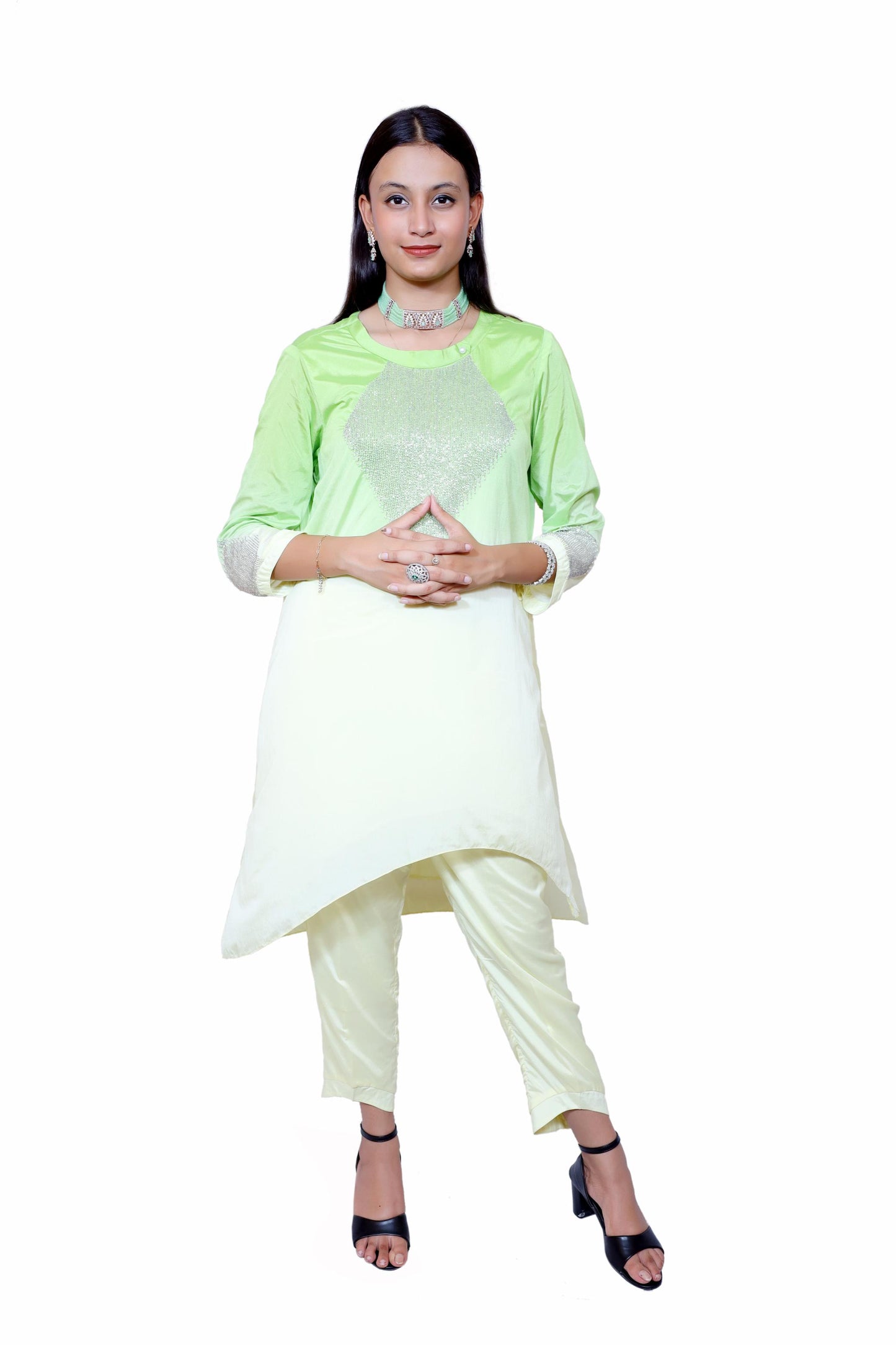 Lime Luxe– Ombre Crepe Co-Ord Set with Embellished Detail