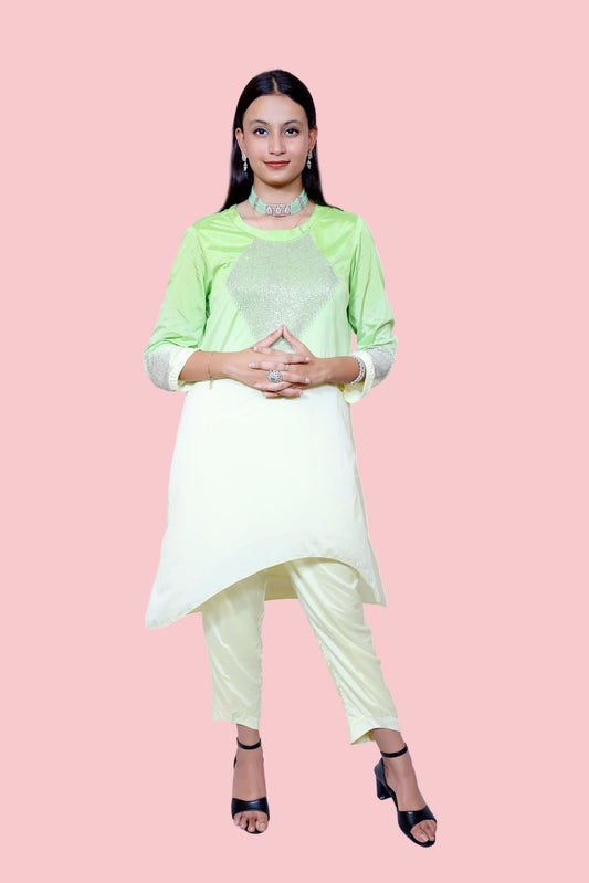 Lime Luxe– Ombre Crepe Co-Ord Set with Embellished Detail