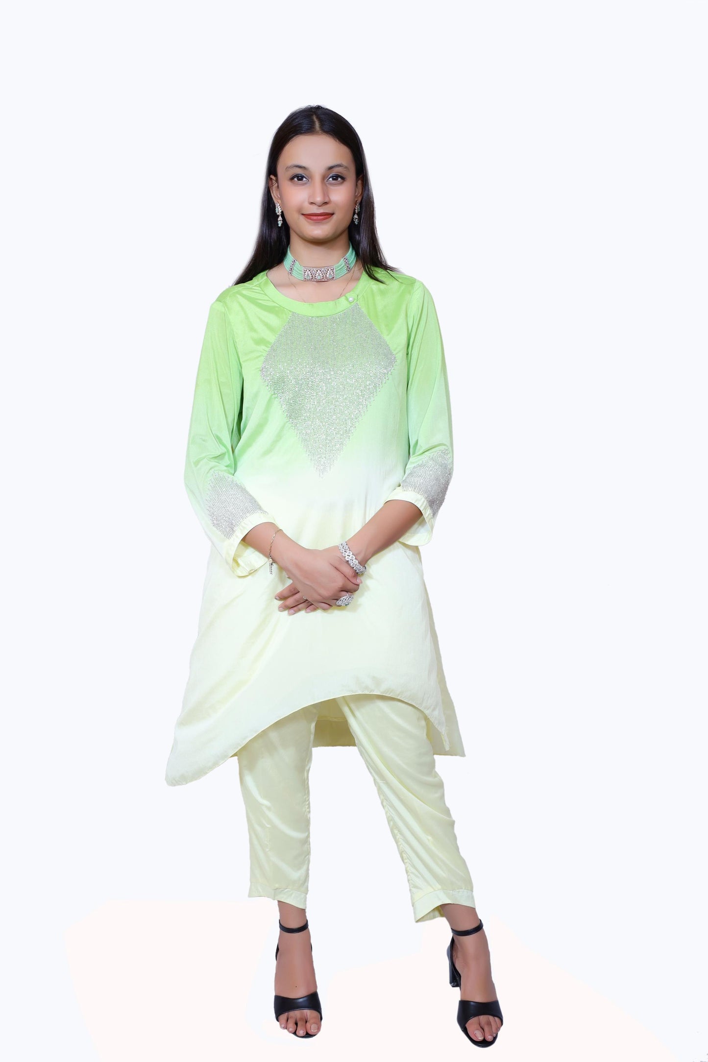 Lime Luxe– Ombre Crepe Co-Ord Set with Embellished Detail