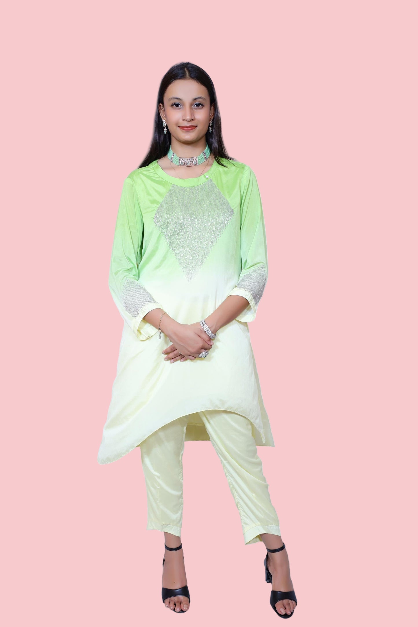 Lime Luxe– Ombre Crepe Co-Ord Set with Embellished Detail