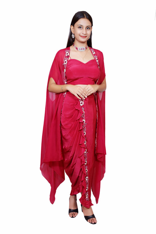 Berry Bloom Crepe Drape Set with Embroidered Organza Shrug