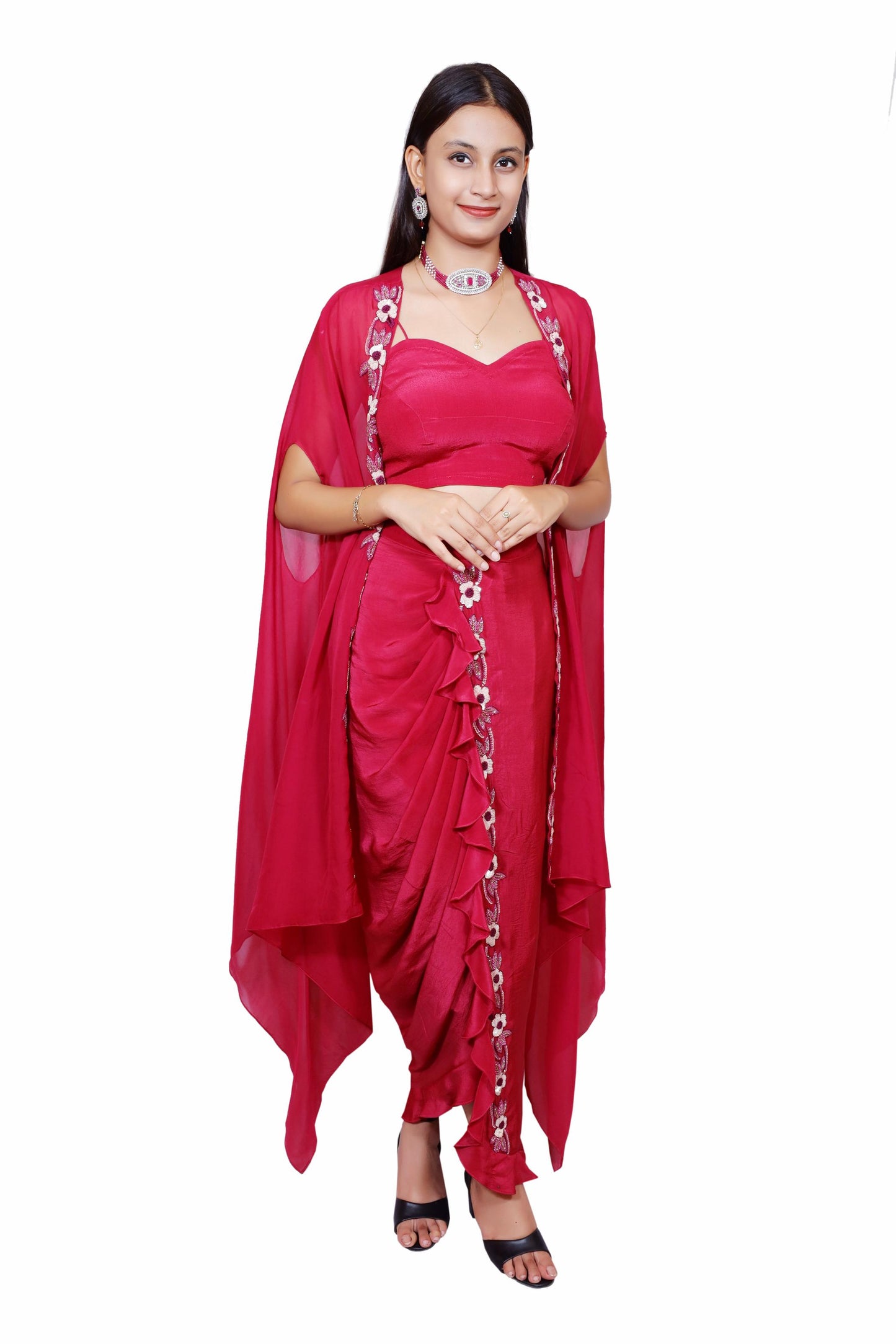 Berry Bloom Crepe Drape Set with Embroidered Organza Shrug