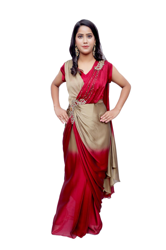 Pre-Draped Ombre Saree Gown in Chiffon Georgette