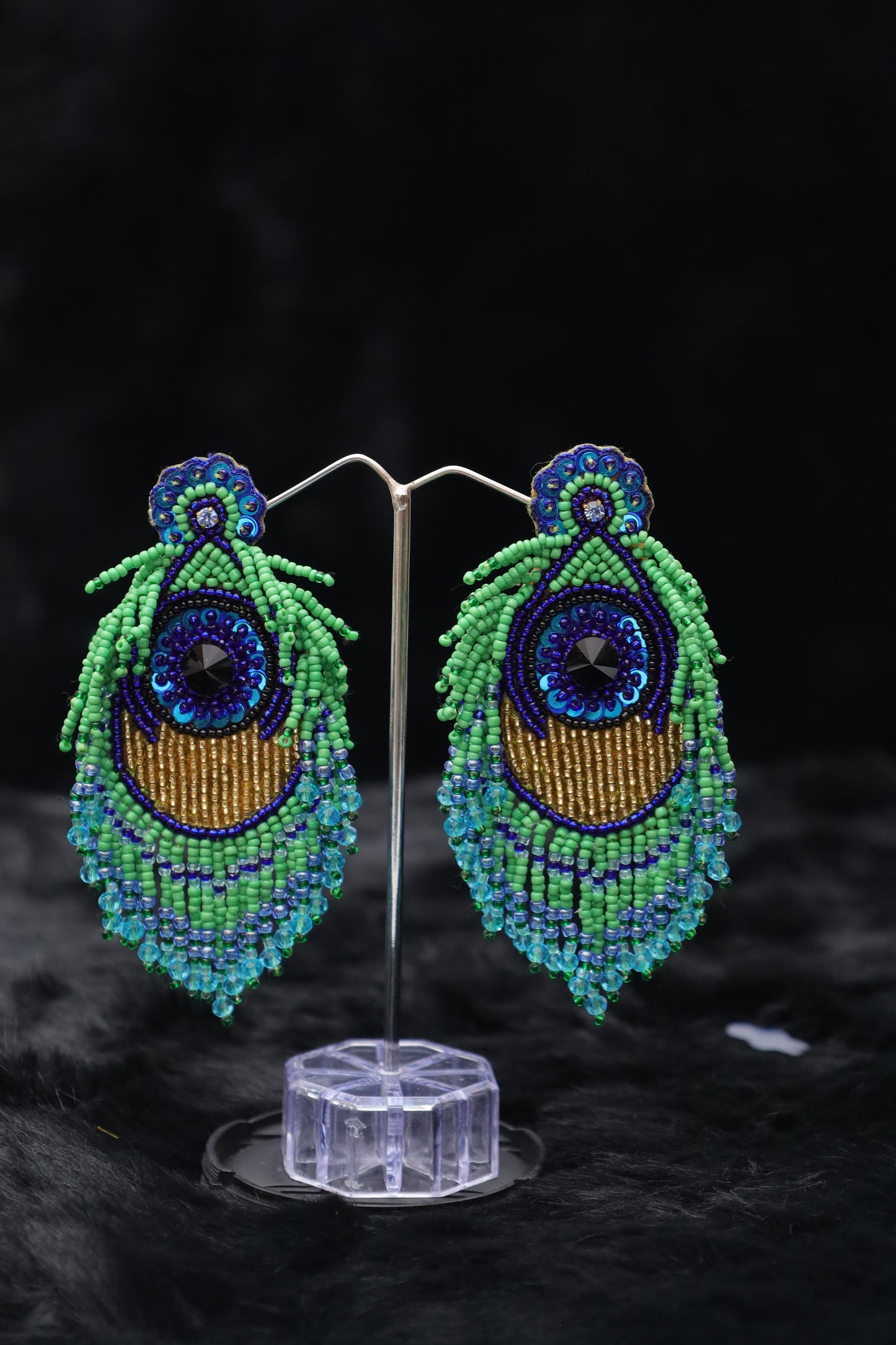 Royal Plumage Beaded Peacock Feather Earrings