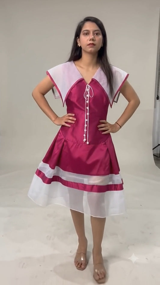 Berry Pink & White Sailor-Collar Flared Dress