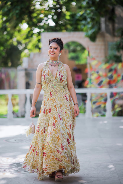 Zehra Floral Chiffon Halter Gown