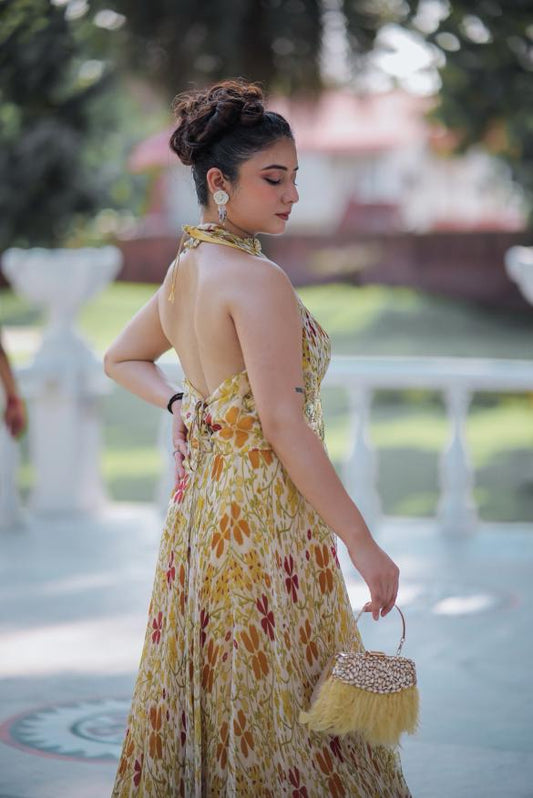 Zehra Floral Chiffon Halter Gown