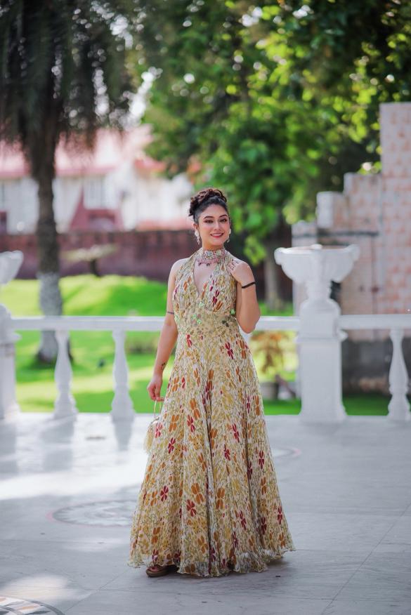Zehra Floral Chiffon Halter Gown