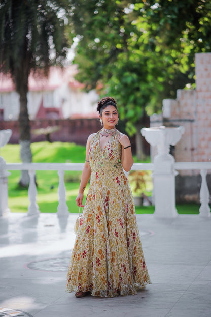 Zehra Floral Chiffon Halter Gown