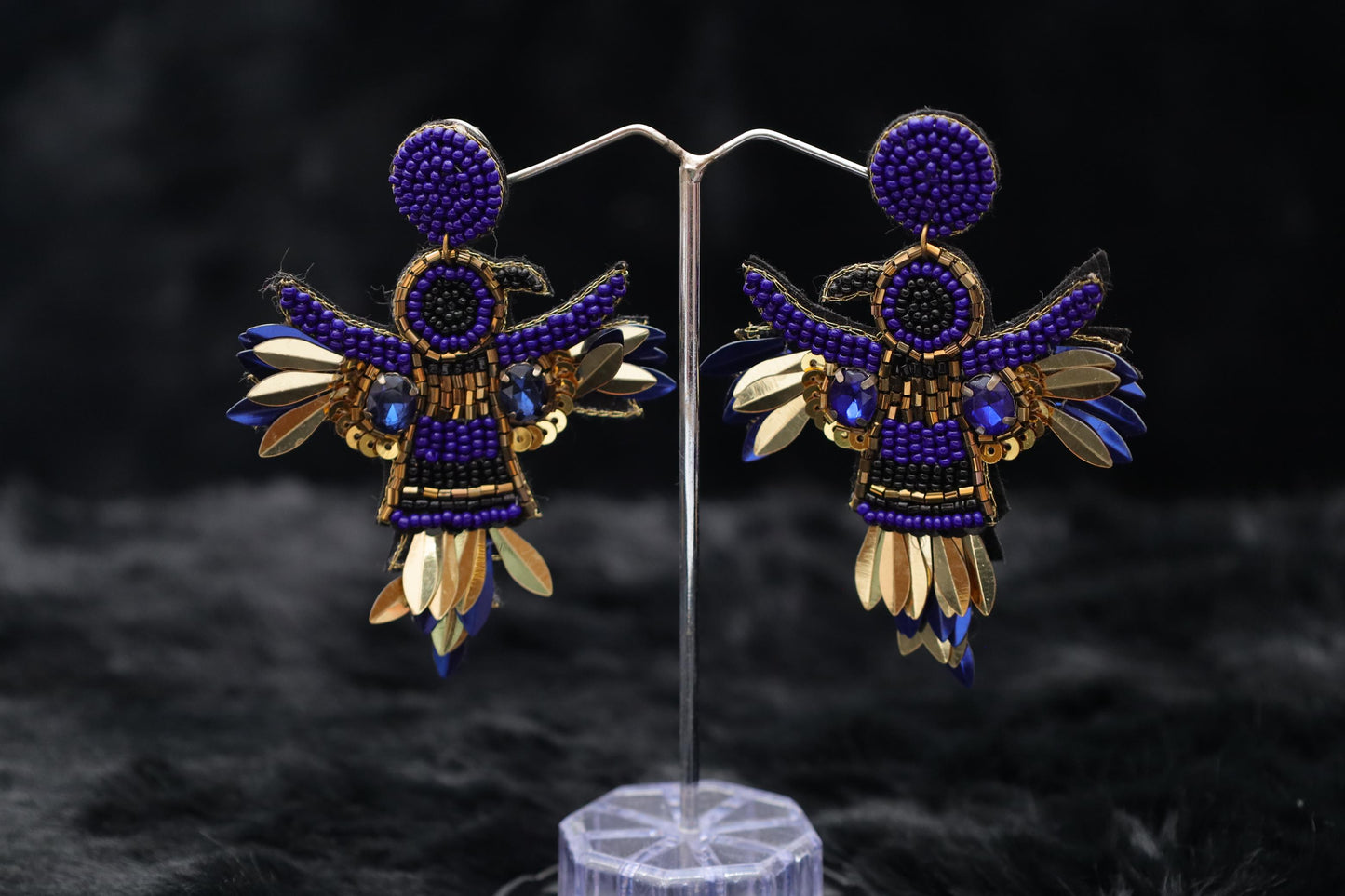 Handcrafted Beaded Angel Earrings – Royal Blue & Gold