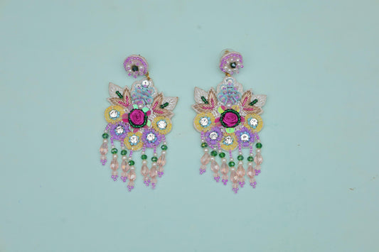 Handcrafted Floral Statement Earrings – Multicolor Embellished Danglers