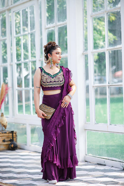 Royal Plum Ruffle Saree Gown