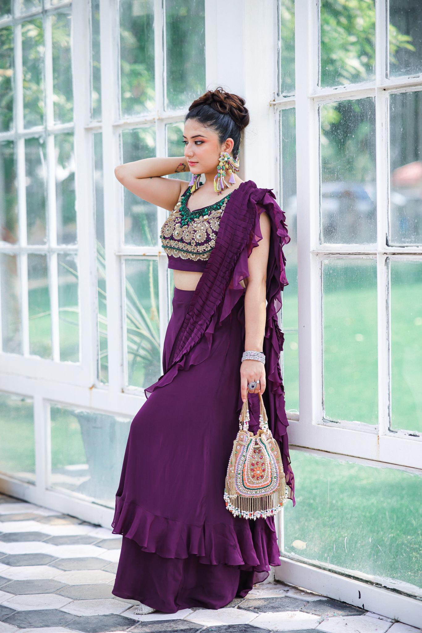 Royal Plum Ruffle Saree Gown