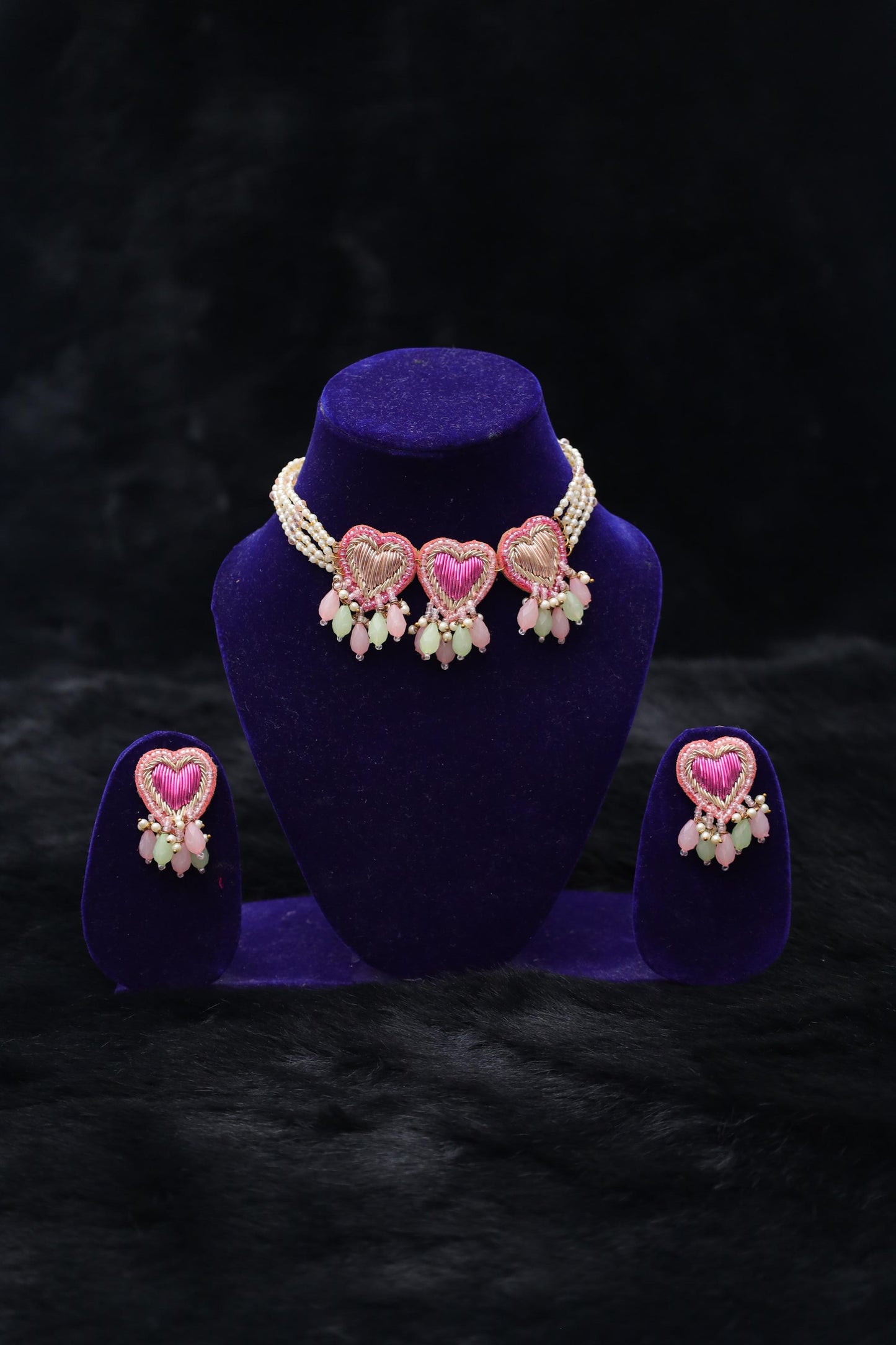 Pink Hearts Hand-Embroidered Jewelry Set