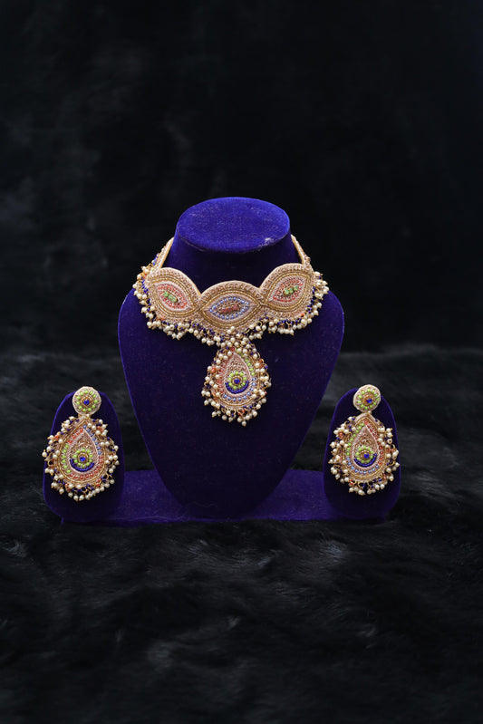 Royal Peacock Dabka Handcrafted Choker Necklace Set