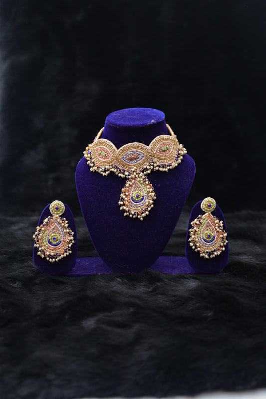 Royal Peacock Dabka Handcrafted Choker Necklace Set