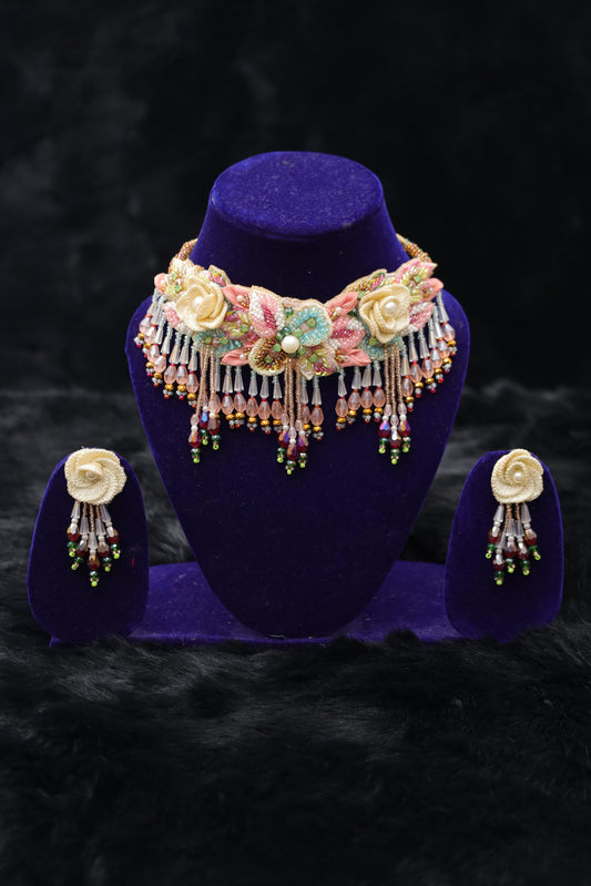Ivory Rain Designer Floral Beaded Choker Set