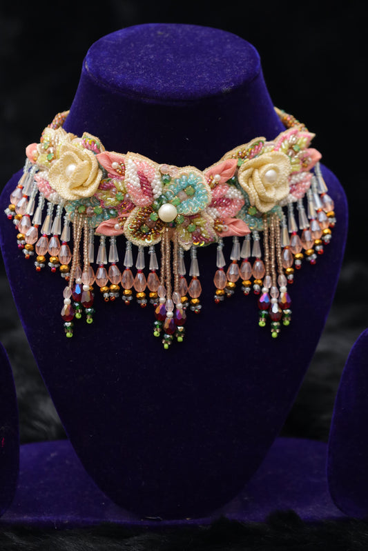 Ivory Rain Designer Floral Beaded Choker Set
