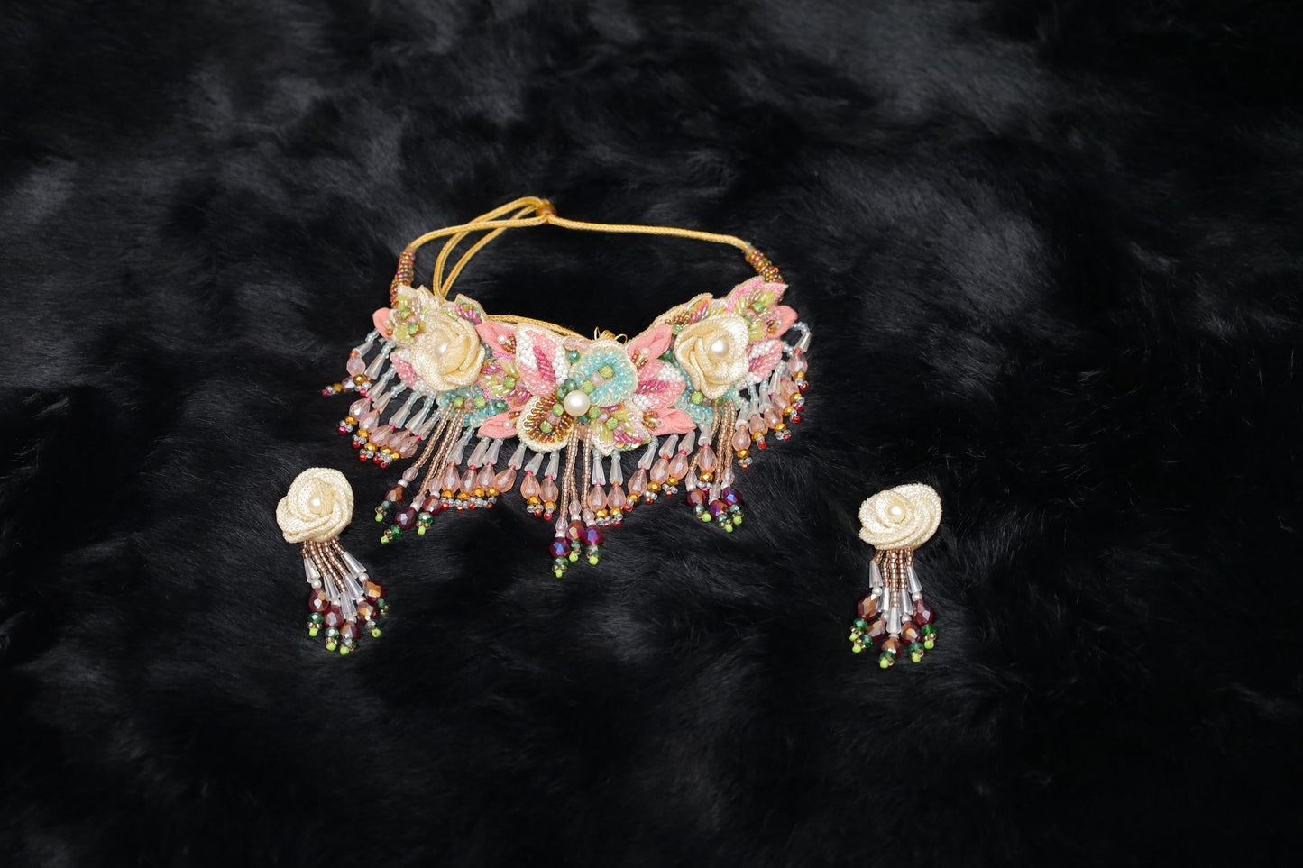 Ivory Rain Designer Floral Beaded Choker Set