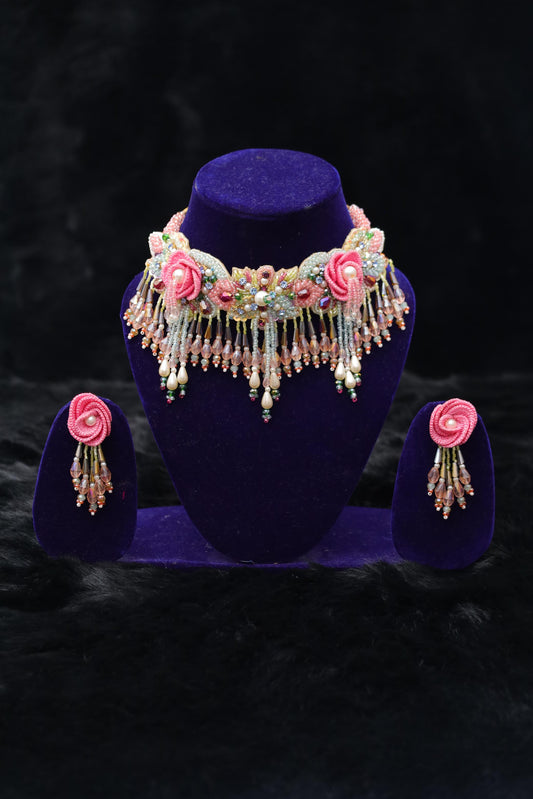 Blush Elegance Premium Beaded Choker & Earring Set