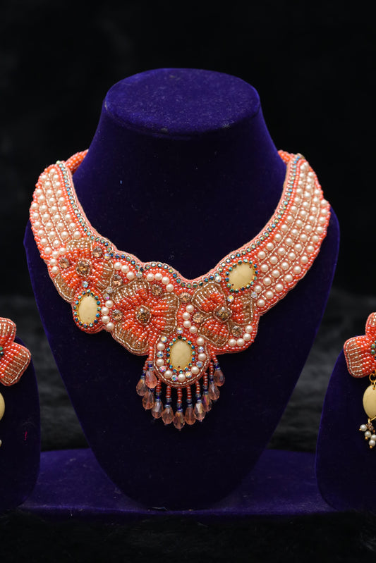Coral Bloom Handcrafted Pearl & Bead Choker Set