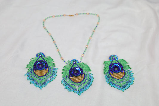 Peacock Glory Hand-Beaded Necklace & Earring Set