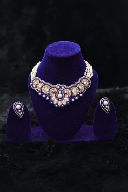 Royal Blue & Pearl Beaded Choker Set