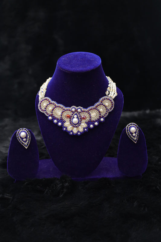 Royal Blue & Pearl Beaded Choker Set