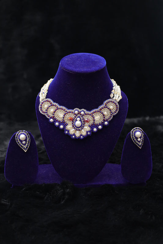 Royal Blue & Pearl Beaded Choker Set