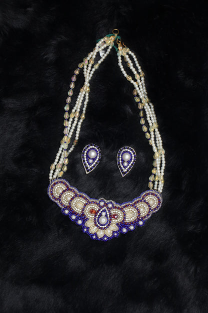 Royal Blue & Pearl Beaded Choker Set