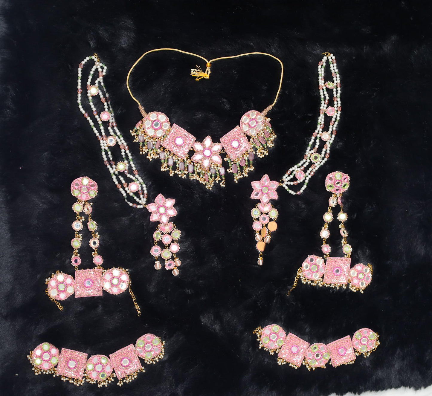 Pink Floral Beaded Jewelry Set