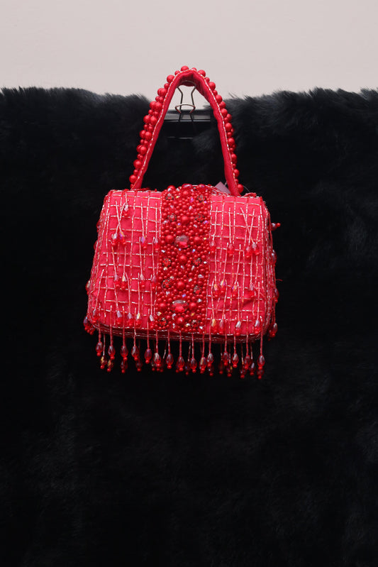 Crimson Elegance Beaded Handbag