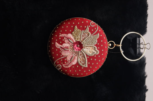 Maroon & Gold Floral Embroidered Clutch