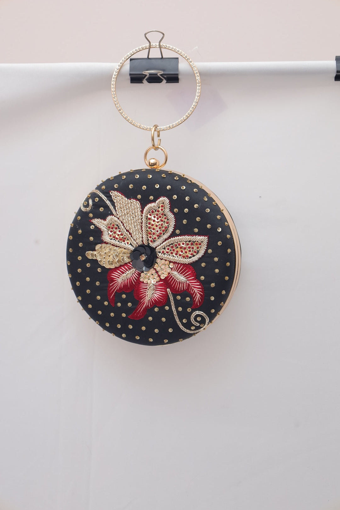 Black & Gold Floral Embroidered Clutch