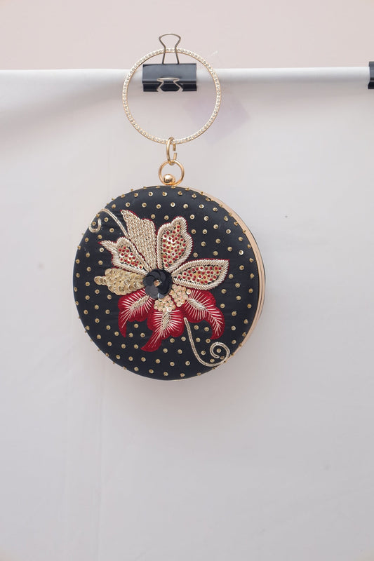 Black & Gold Floral Embroidered Clutch