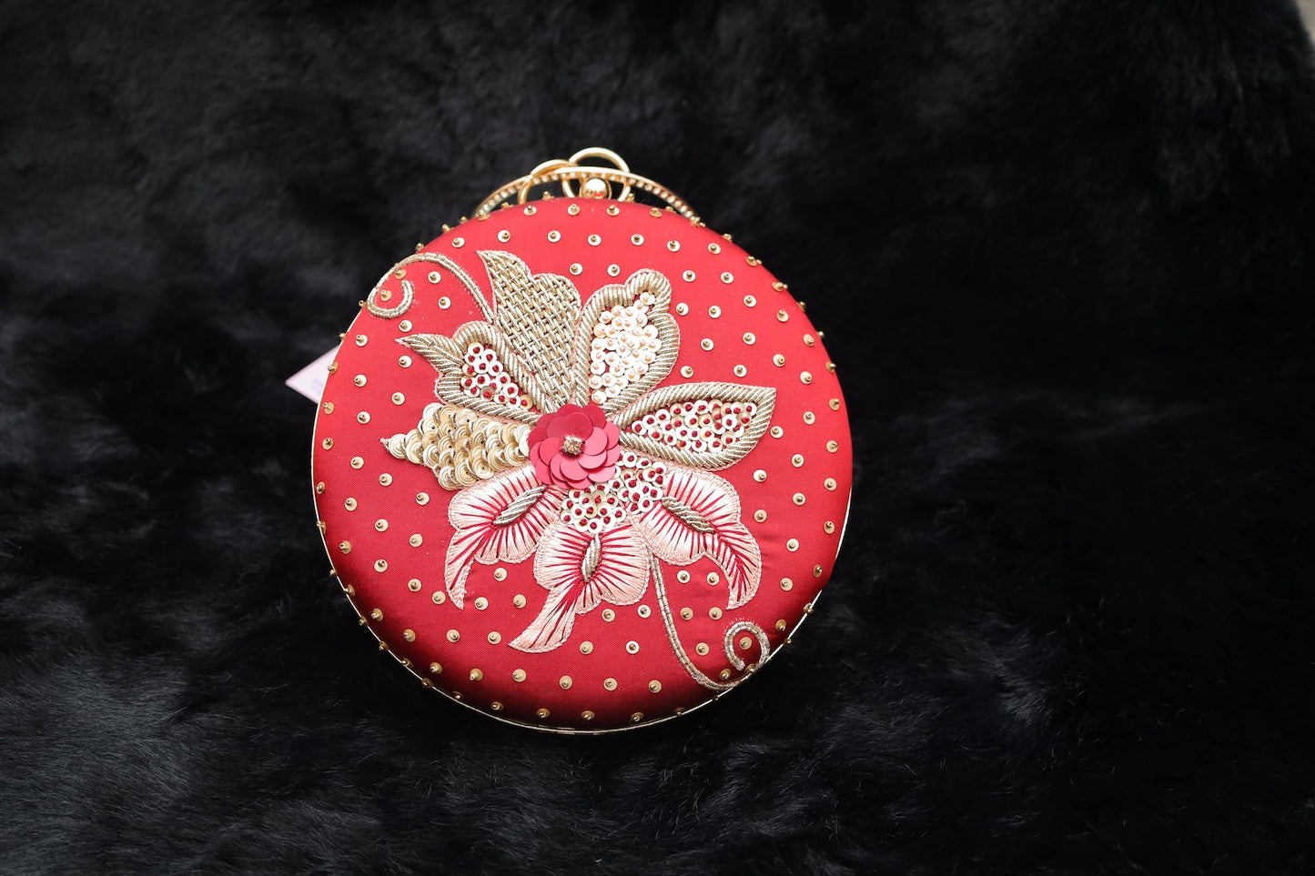 Maroon & Gold Floral Embroidered Clutch