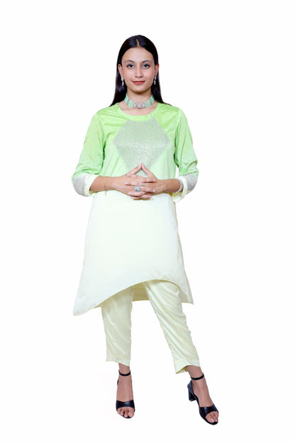 Lime Luxe– Ombre Crepe Co-Ord Set with Embellished Detail
