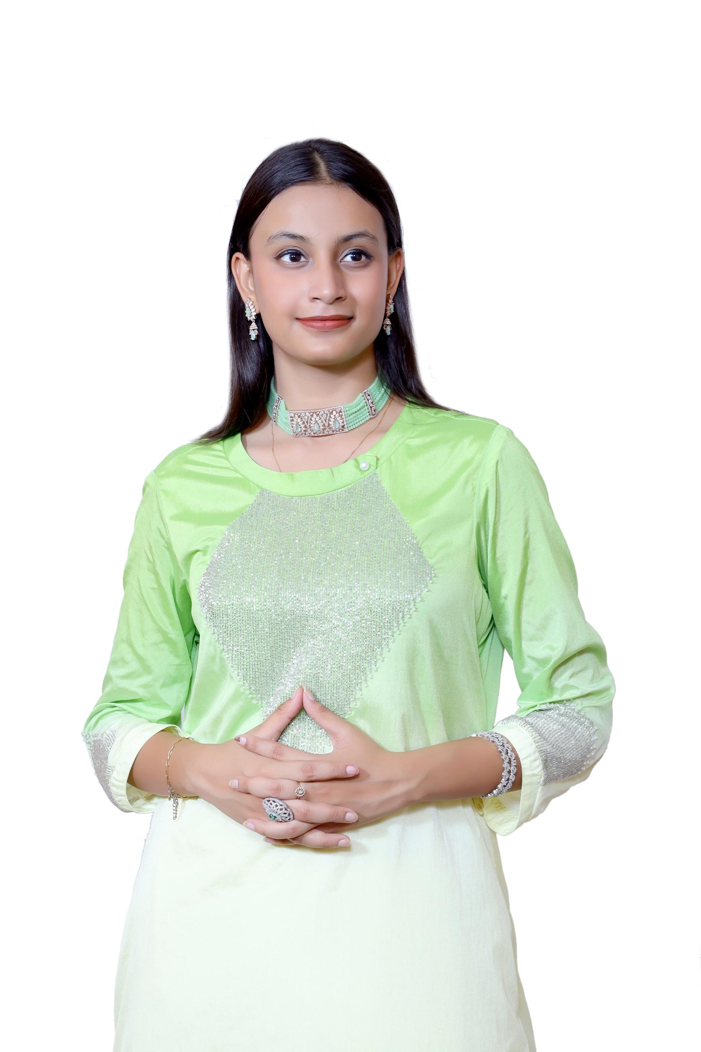 Lime Luxe– Ombre Crepe Co-Ord Set with Embellished Detail