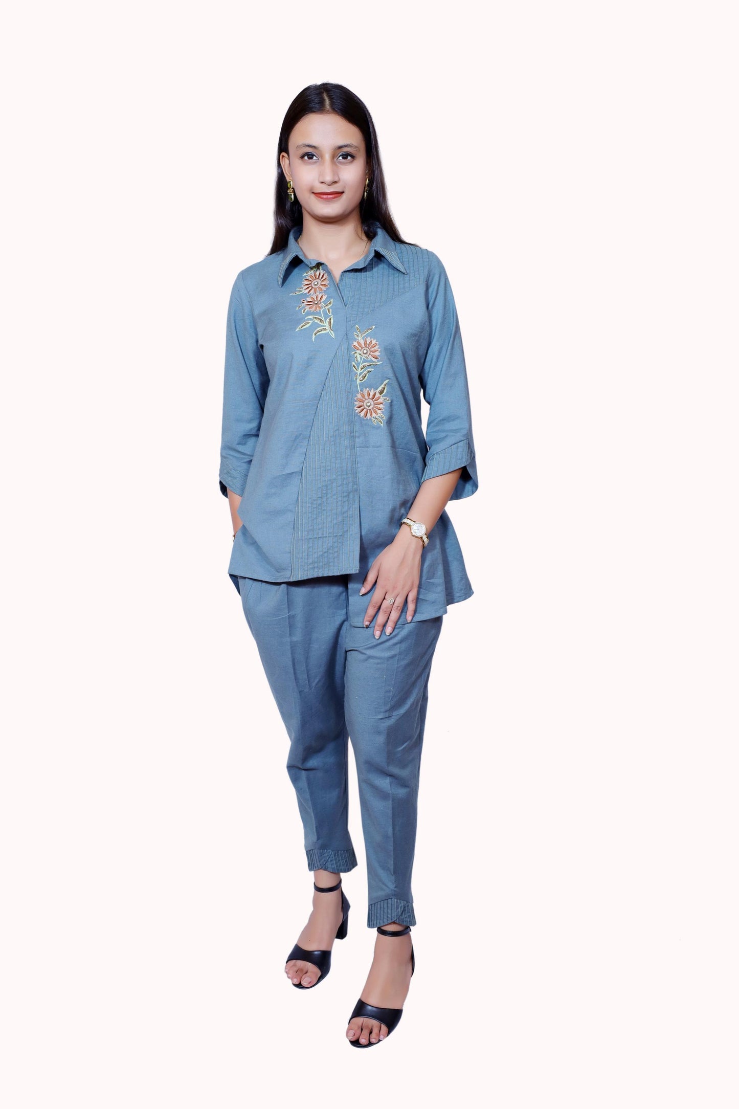 Slate Bloom – Embroidered Linen Co-Ord Set
