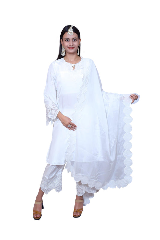 White Embroidered Crepe Organza Suit
